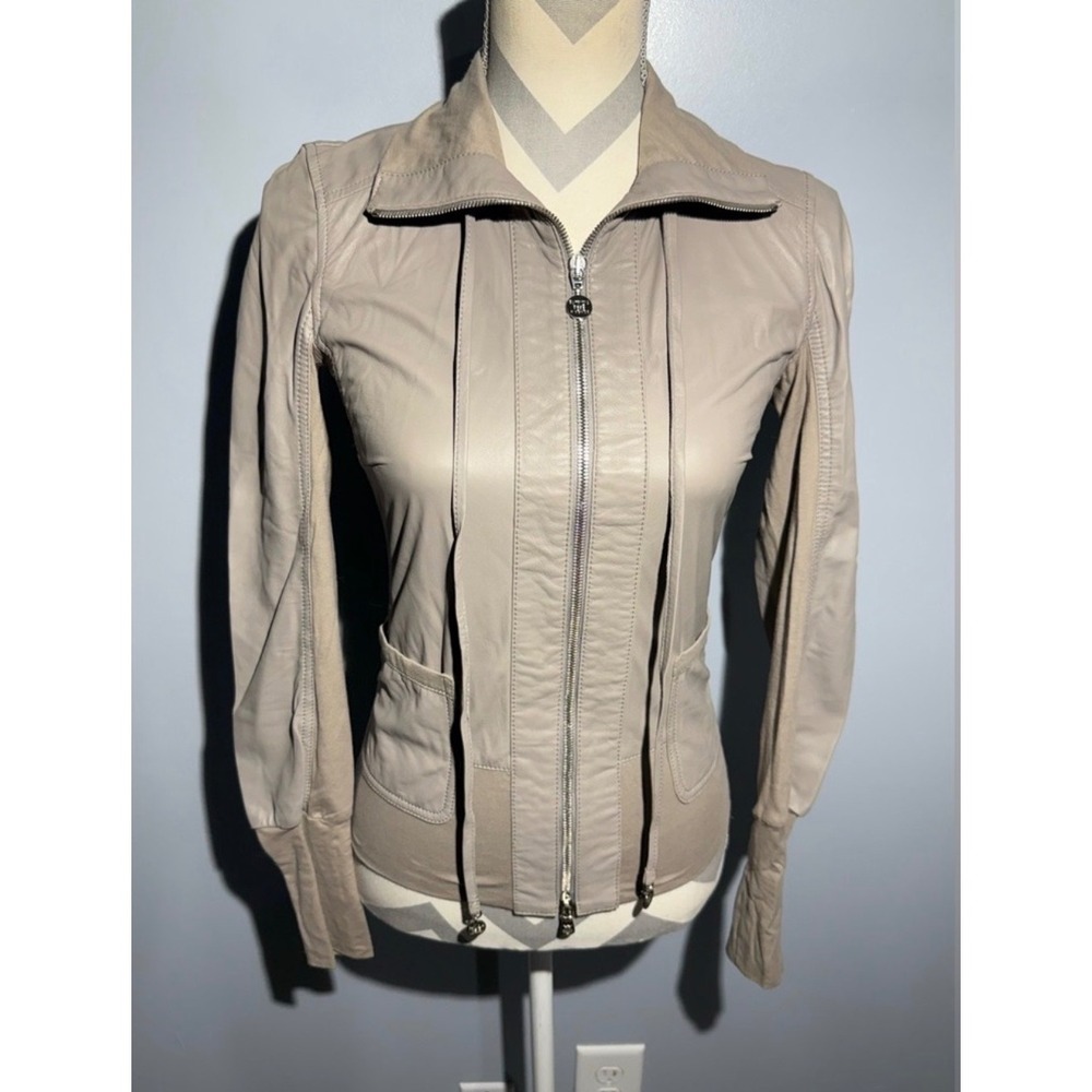 Paper Denim & Cloth Women Taupe Leather Knit Mix Full Zip Moto Jacket Small